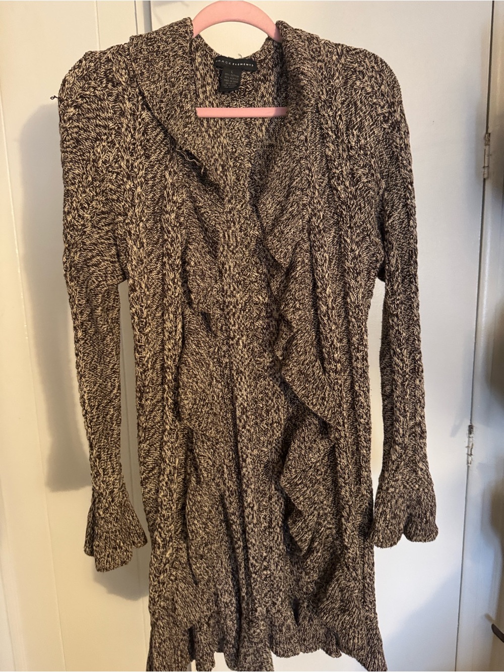 Grace Elements Marled Brown & White Ruffle-Trim Open Cardigan